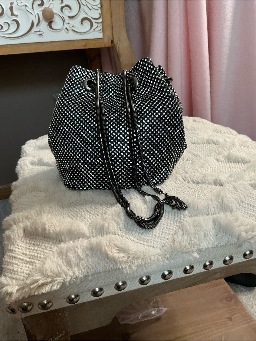 Black Rhinestone Bucket Bag Convertible Crossbody